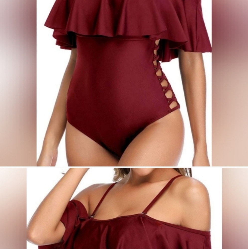 Swimsuit. RED Off-Shoulder